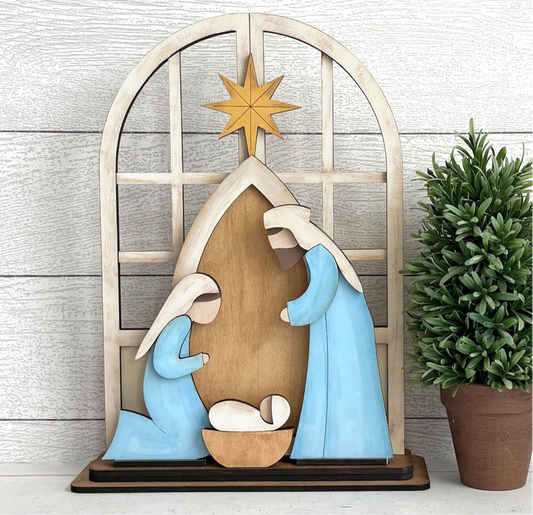 Manger scene with Joseph Mary and baby Jesus arched window insert