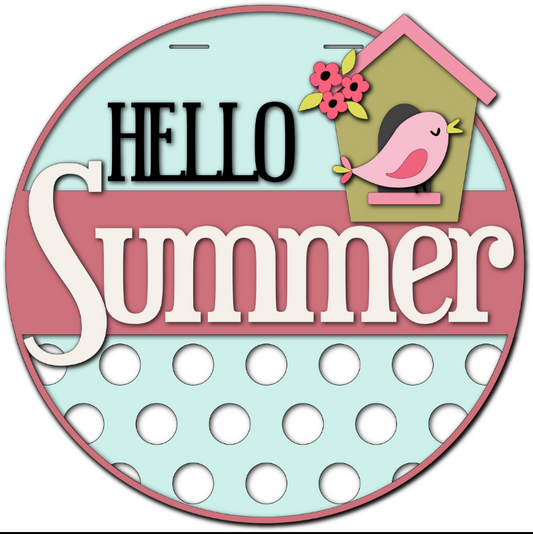 Door Hanger Hello Summer with Birdhouse and whimsical bird