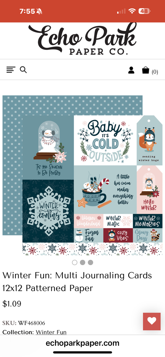  Winter fun multi journaling cards, 12 x 12 patterned paper