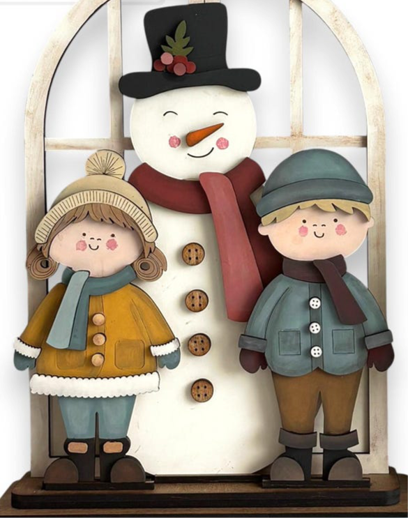 Arched window insert Snowman and Kids
