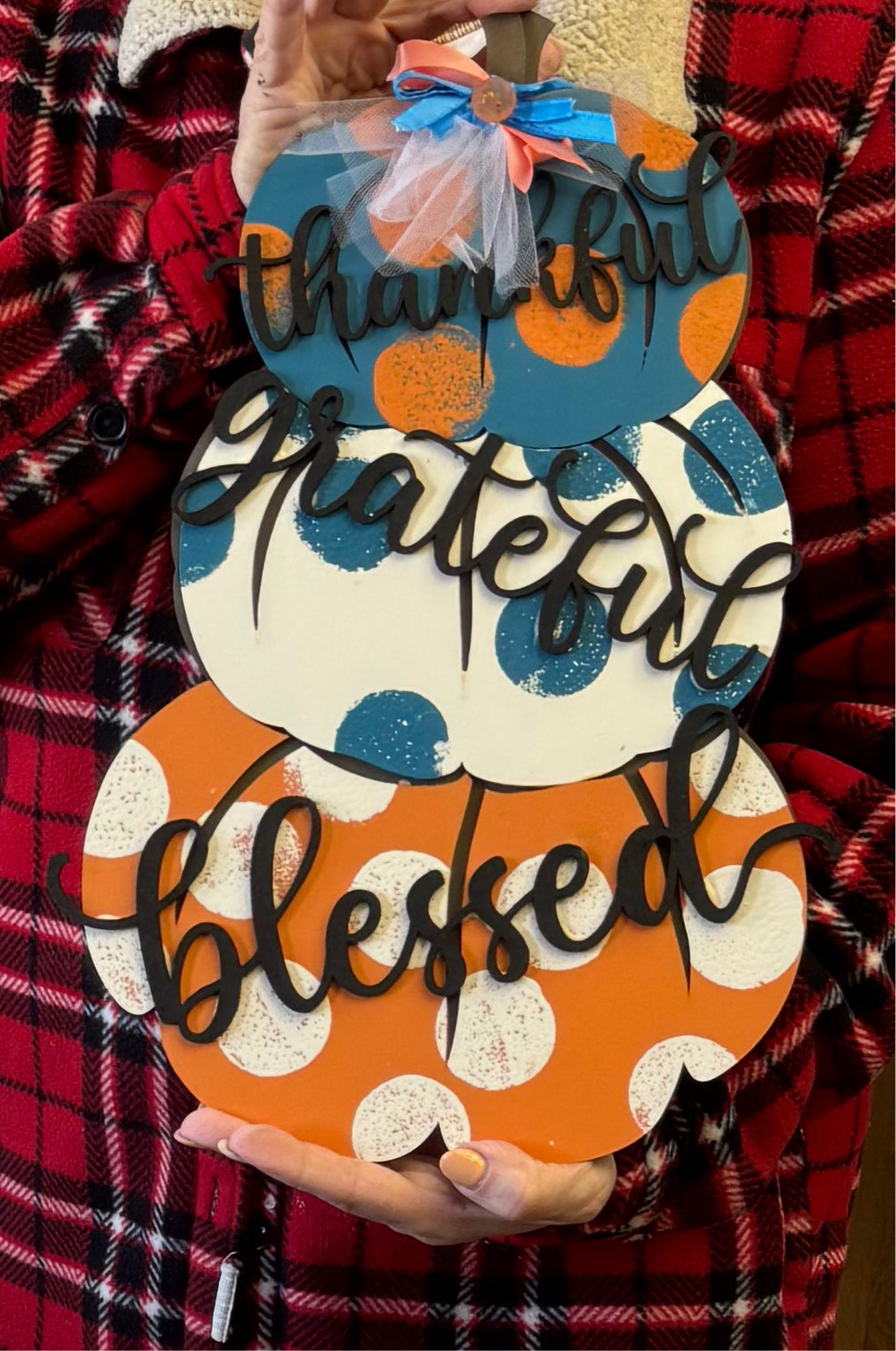 Thankful Grateful Blessed Stacked Pumpkin Door Hanger