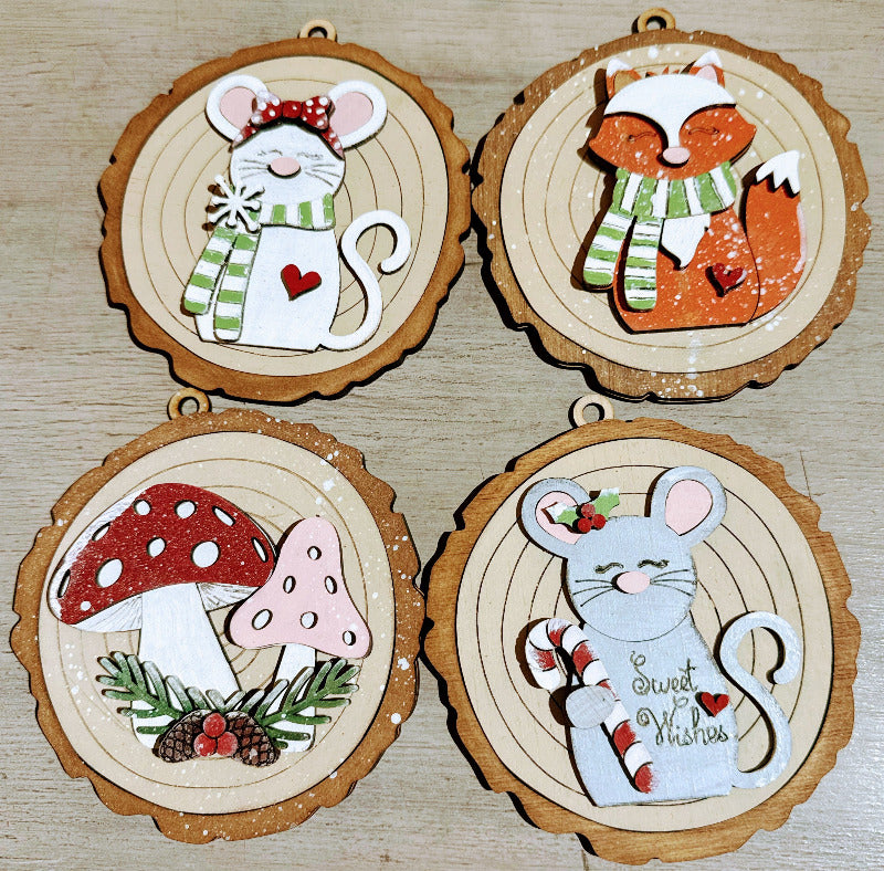 Forest Friends Fox, Mushroom, and two mice ornaments