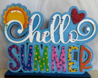 Colorful decorative sign with 'hello SUMMER' text on a white background