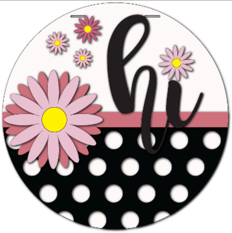 Circular design with polka dots, flowers, and the text 'hi' on a white background